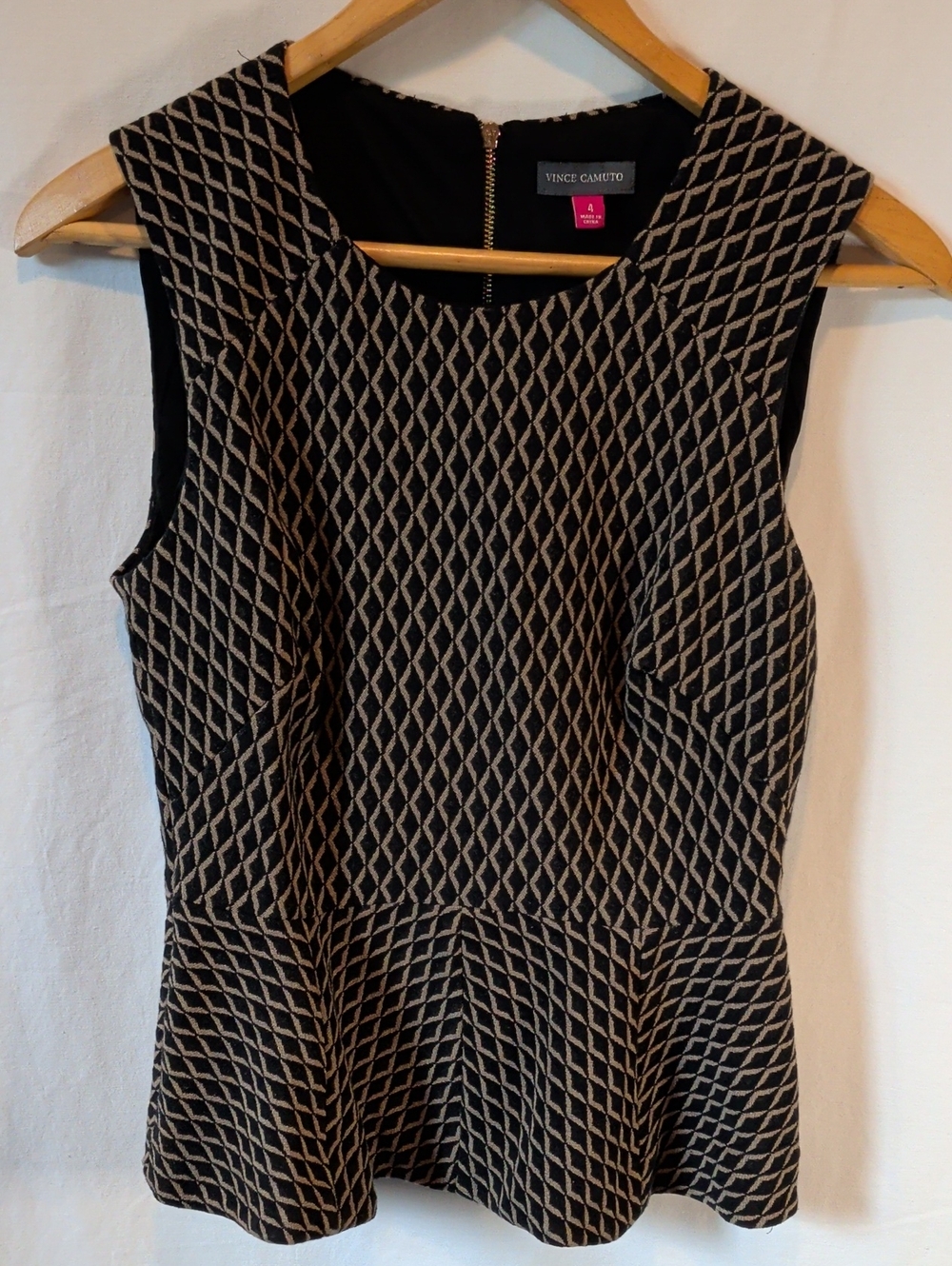 Vince Camuto Black and Cream Geometric Peplum Top
